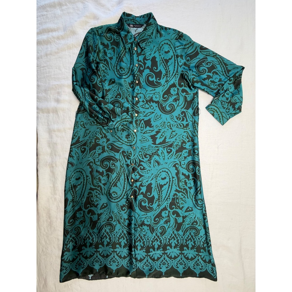 ZARA Teal Black Paisley Satin Shirt Dress XL Long Sleeve Button Up 8735/214 - Picture 8 of 12